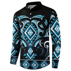 Blue Ngaru Taniko With Aotearoa Maori Tattoo Button Sweatshirt