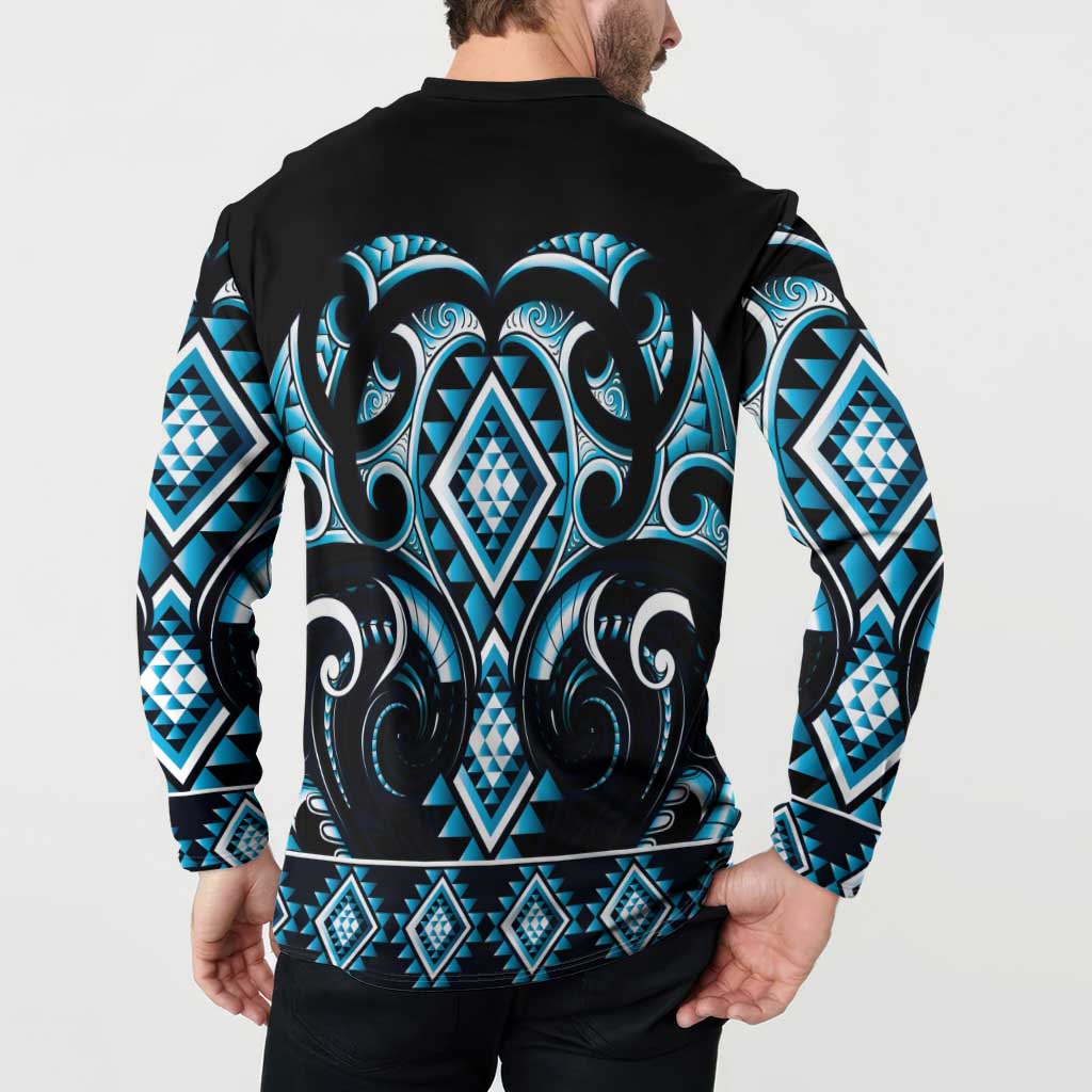 Blue Ngaru Taniko With Aotearoa Maori Tattoo Button Sweatshirt
