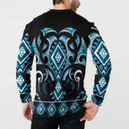 Blue Ngaru Taniko With Aotearoa Maori Tattoo Button Sweatshirt