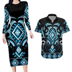 Blue Ngaru Taniko With Aotearoa Maori Tattoo Couples Matching Long Sleeve Bodycon Dress and Hawaiian Shirt
