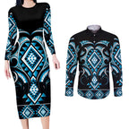Blue Ngaru Taniko With Aotearoa Maori Tattoo Couples Matching Long Sleeve Bodycon Dress and Long Sleeve Button Shirt