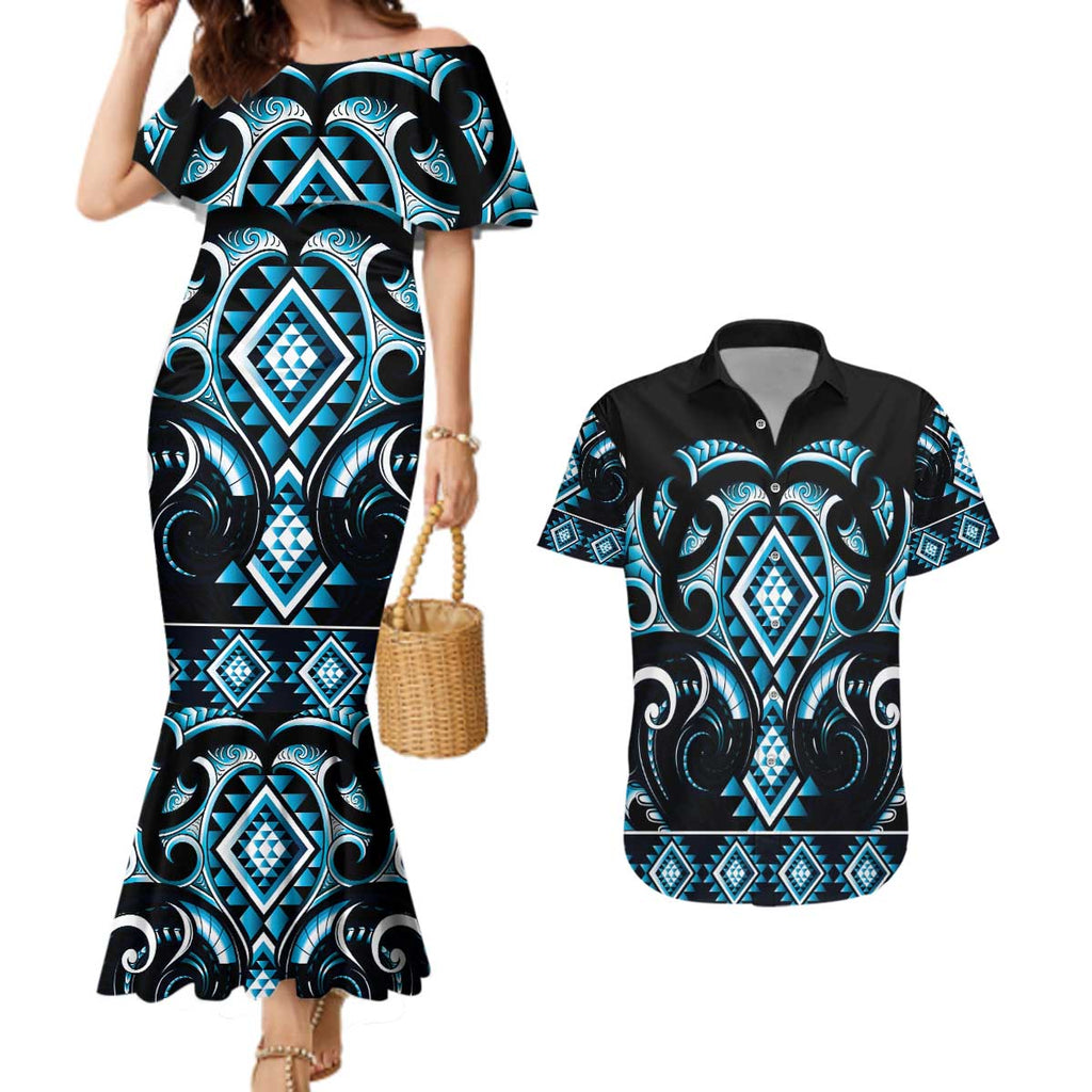 Blue Ngaru Taniko With Aotearoa Maori Tattoo Couples Matching Mermaid Dress and Hawaiian Shirt