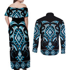 Blue Ngaru Taniko With Aotearoa Maori Tattoo Couples Matching Off Shoulder Maxi Dress and Long Sleeve Button Shirt