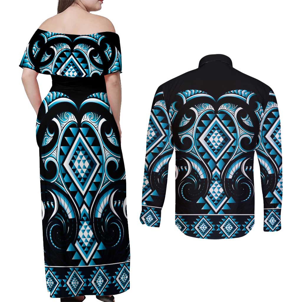 Blue Ngaru Taniko With Aotearoa Maori Tattoo Couples Matching Off Shoulder Maxi Dress and Long Sleeve Button Shirt