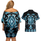 Blue Ngaru Taniko With Aotearoa Maori Tattoo Couples Matching Off Shoulder Short Dress and Hawaiian Shirt