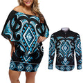 Blue Ngaru Taniko With Aotearoa Maori Tattoo Couples Matching Off Shoulder Short Dress and Long Sleeve Button Shirt