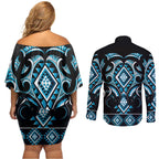 Blue Ngaru Taniko With Aotearoa Maori Tattoo Couples Matching Off Shoulder Short Dress and Long Sleeve Button Shirt