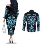 Blue Ngaru Taniko With Aotearoa Maori Tattoo Couples Matching Off The Shoulder Long Sleeve Dress and Long Sleeve Button Shirt