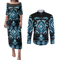 Blue Ngaru Taniko With Aotearoa Maori Tattoo Couples Matching Puletasi and Long Sleeve Button Shirt