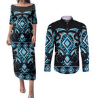 Blue Ngaru Taniko With Aotearoa Maori Tattoo Couples Matching Puletasi and Long Sleeve Button Shirt