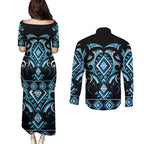 Blue Ngaru Taniko With Aotearoa Maori Tattoo Couples Matching Puletasi and Long Sleeve Button Shirt