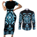 Blue Ngaru Taniko With Aotearoa Maori Tattoo Couples Matching Short Sleeve Bodycon Dress and Long Sleeve Button Shirt