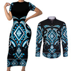 Blue Ngaru Taniko With Aotearoa Maori Tattoo Couples Matching Short Sleeve Bodycon Dress and Long Sleeve Button Shirt