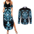Blue Ngaru Taniko With Aotearoa Maori Tattoo Couples Matching Summer Maxi Dress and Long Sleeve Button Shirt