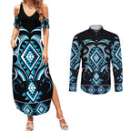 Blue Ngaru Taniko With Aotearoa Maori Tattoo Couples Matching Summer Maxi Dress and Long Sleeve Button Shirt