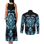 Blue Ngaru Taniko With Aotearoa Maori Tattoo Couples Matching Tank Maxi Dress and Long Sleeve Button Shirt