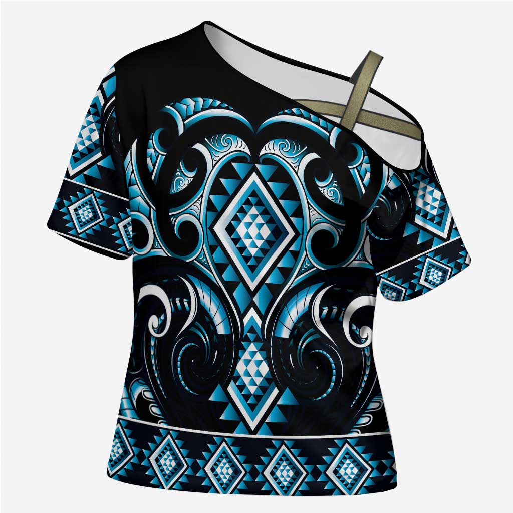 Blue Ngaru Taniko With Aotearoa Maori Tattoo Cross Shoulder Shirt - Aussie Hoodie