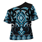 Blue Ngaru Taniko With Aotearoa Maori Tattoo Cross Shoulder Shirt - Aussie Hoodie
