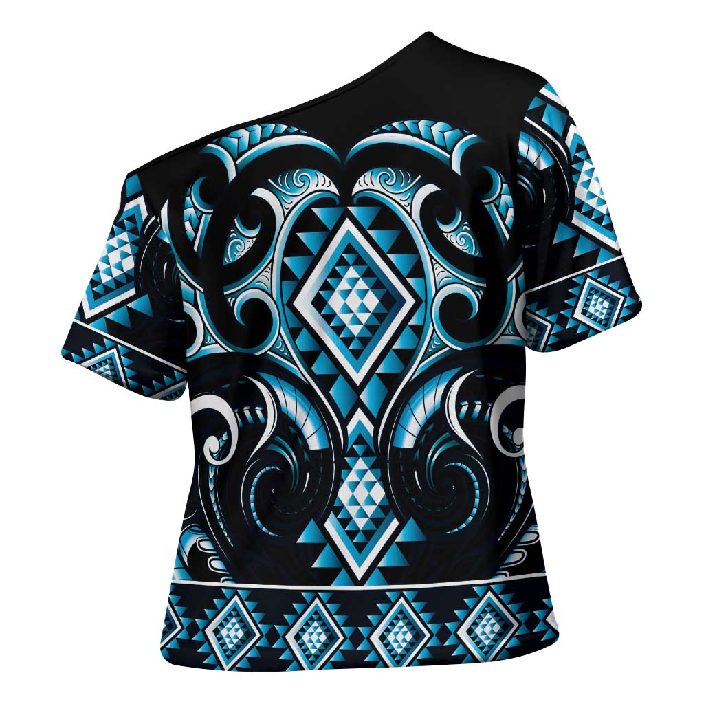 Blue Ngaru Taniko With Aotearoa Maori Tattoo Cross Shoulder Shirt - Aussie Hoodie