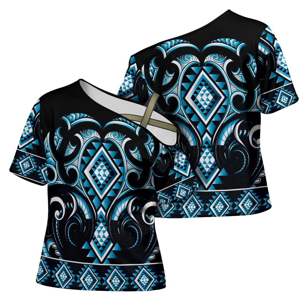 Blue Ngaru Taniko With Aotearoa Maori Tattoo Cross Shoulder Shirt - Aussie Hoodie