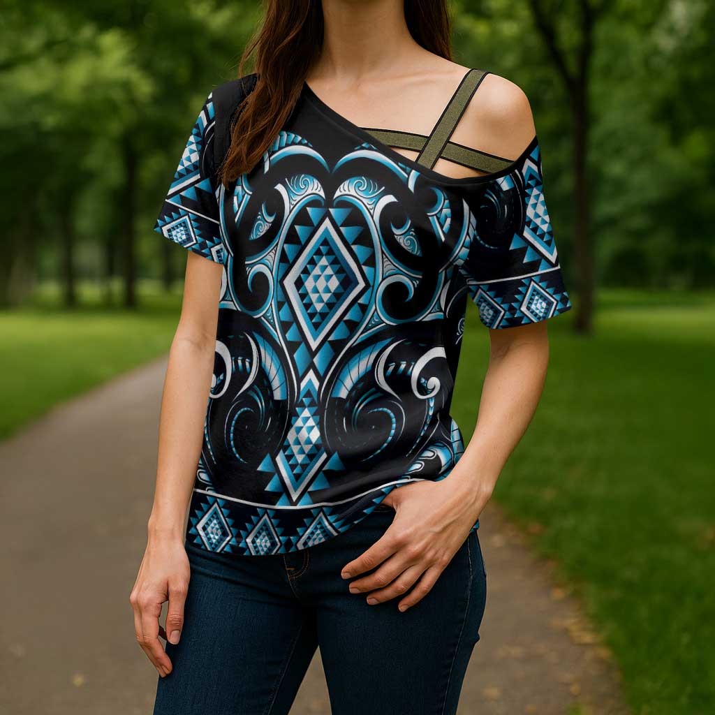 Blue Ngaru Taniko With Aotearoa Maori Tattoo Cross Shoulder Shirt - Aussie Hoodie