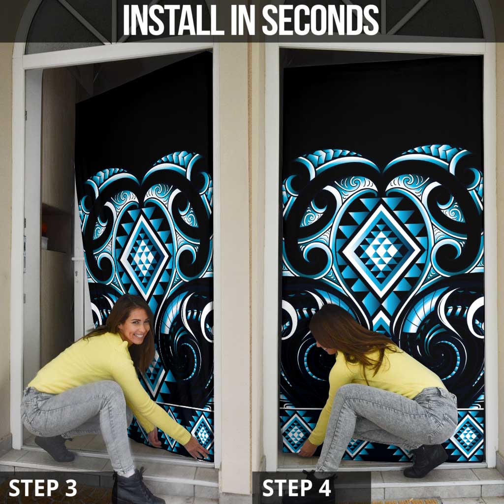 Blue Ngaru Taniko With Aotearoa Maori Tattoo Door Cover - Aussie Hoodie