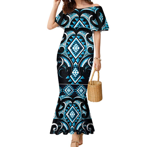 Blue Ngaru Taniko With Aotearoa Maori Tattoo Family Matching Mermaid Dress and Hawaiian Shirt