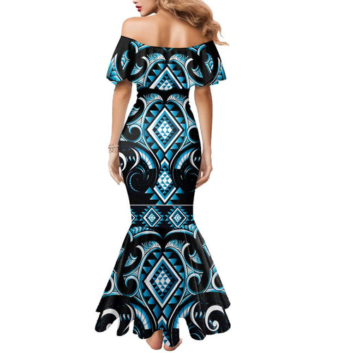 Blue Ngaru Taniko With Aotearoa Maori Tattoo Family Matching Mermaid Dress and Hawaiian Shirt
