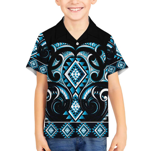 Blue Ngaru Taniko With Aotearoa Maori Tattoo Family Matching Off The Shoulder Long Sleeve Dress and Hawaiian Shirt