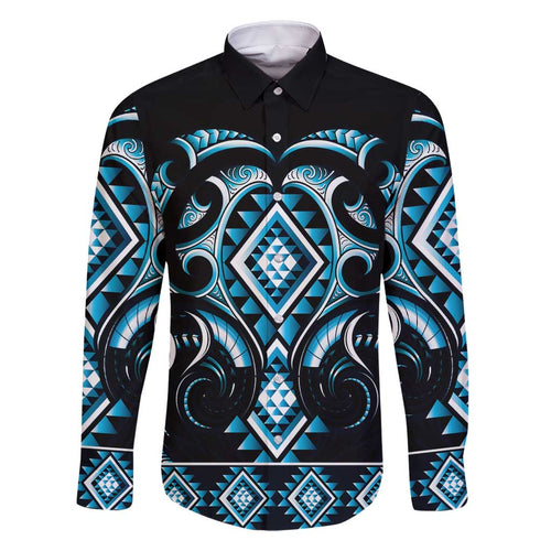 Blue Ngaru Taniko With Aotearoa Maori Tattoo Family Matching Off Shoulder Maxi Dress and Hawaiian Shirt