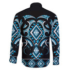 Blue Ngaru Taniko With Aotearoa Maori Tattoo Family Matching Off Shoulder Maxi Dress and Hawaiian Shirt