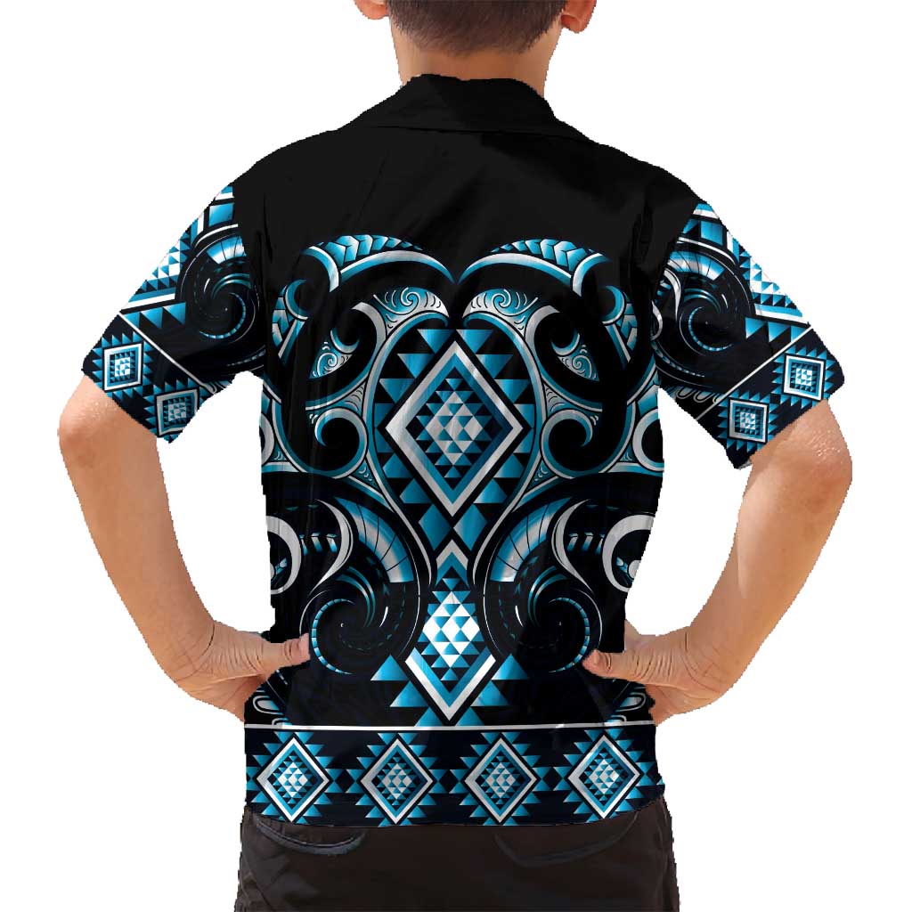 Blue Ngaru Taniko With Aotearoa Maori Tattoo Family Matching Off Shoulder Short Dress and Hawaiian Shirt