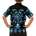 Blue Ngaru Taniko With Aotearoa Maori Tattoo Family Matching Off Shoulder Short Dress and Hawaiian Shirt