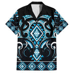 Blue Ngaru Taniko With Aotearoa Maori Tattoo Family Matching Off Shoulder Short Dress and Hawaiian Shirt