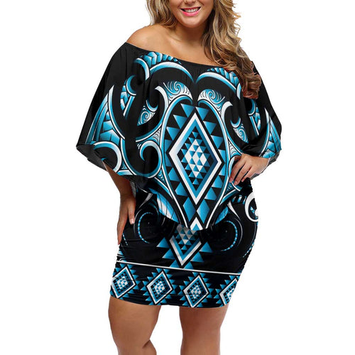 Blue Ngaru Taniko With Aotearoa Maori Tattoo Family Matching Off Shoulder Short Dress and Hawaiian Shirt
