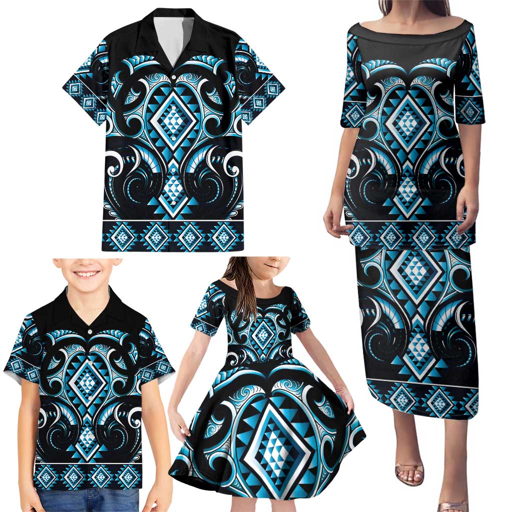Blue Ngaru Taniko With Aotearoa Maori Tattoo Family Matching Puletasi and Hawaiian Shirt