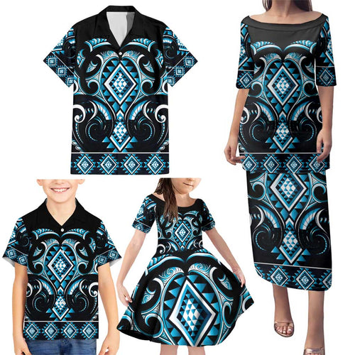 Blue Ngaru Taniko With Aotearoa Maori Tattoo Family Matching Puletasi and Hawaiian Shirt