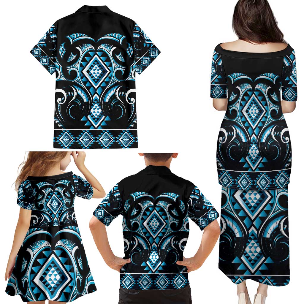 Blue Ngaru Taniko With Aotearoa Maori Tattoo Family Matching Puletasi and Hawaiian Shirt