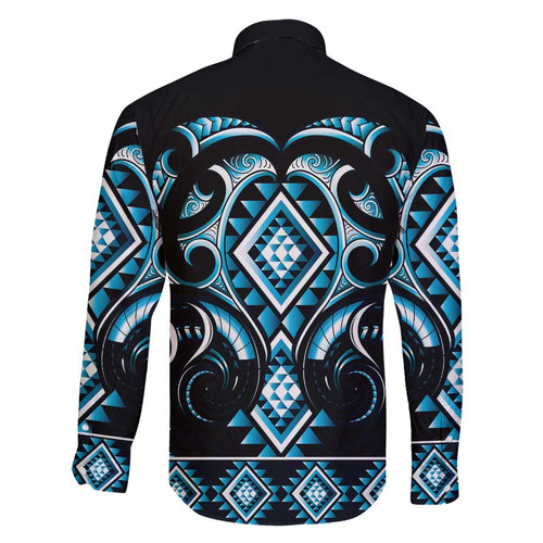 Blue Ngaru Taniko With Aotearoa Maori Tattoo Family Matching Short Sleeve Bodycon Dress and Hawaiian Shirt
