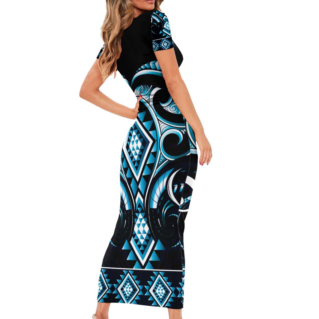 Blue Ngaru Taniko With Aotearoa Maori Tattoo Family Matching Short Sleeve Bodycon Dress and Hawaiian Shirt