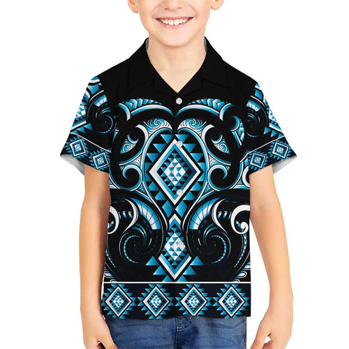 Blue Ngaru Taniko With Aotearoa Maori Tattoo Family Matching Short Sleeve Bodycon Dress and Hawaiian Shirt