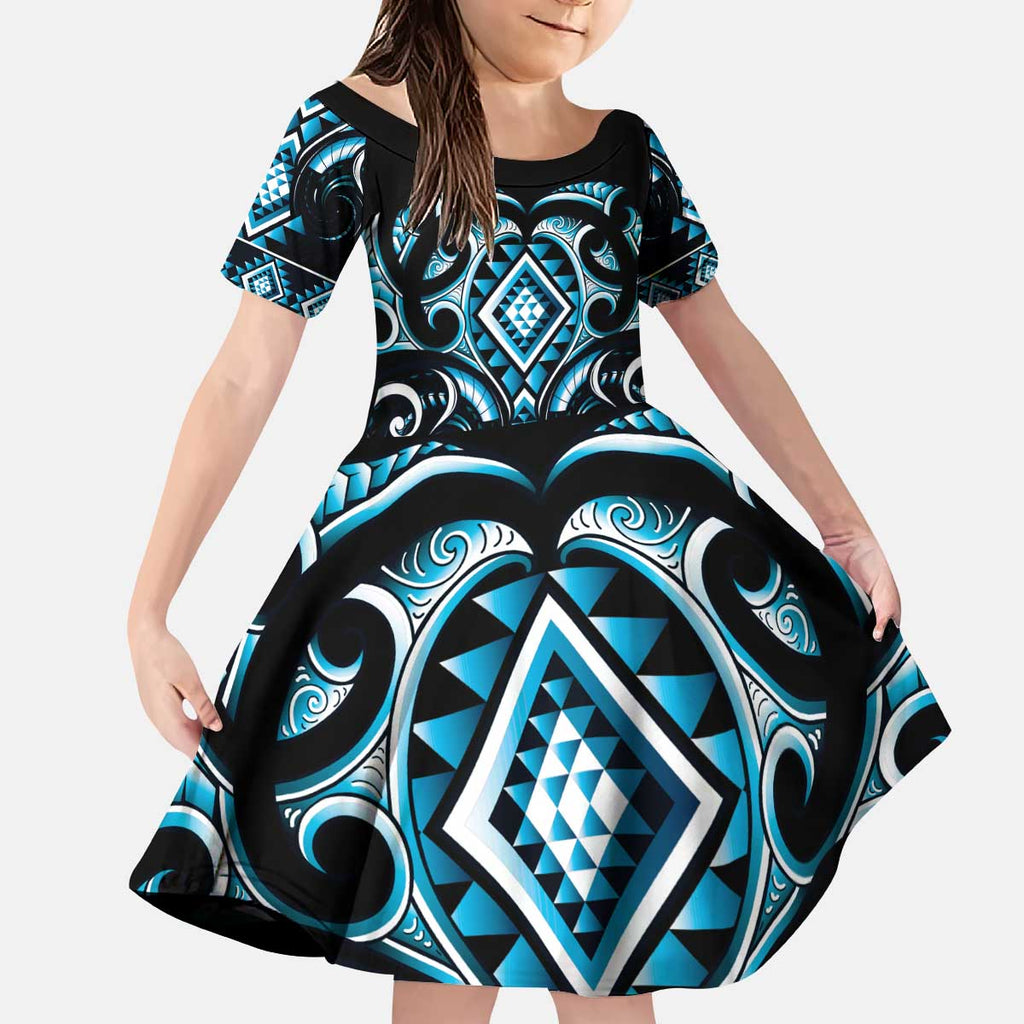 Blue Ngaru Taniko With Aotearoa Maori Tattoo Kid Short Sleeve Dress