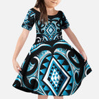 Blue Ngaru Taniko With Aotearoa Maori Tattoo Kid Short Sleeve Dress