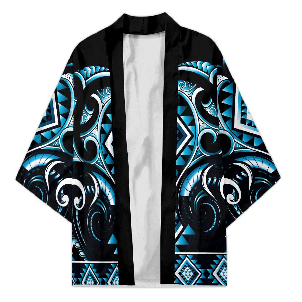 Blue Ngaru Taniko With Aotearoa Maori Tattoo Kimono - Aussie Hoodie