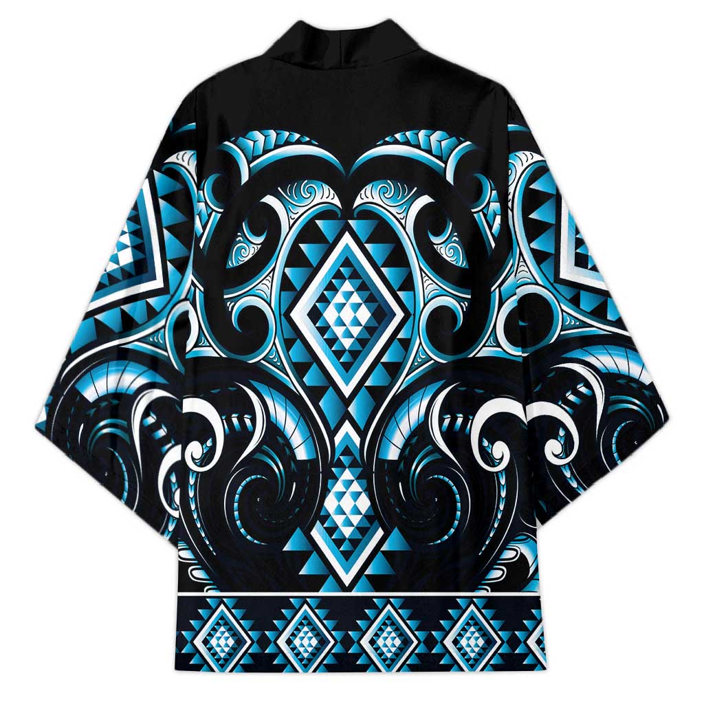 Blue Ngaru Taniko With Aotearoa Maori Tattoo Kimono - Aussie Hoodie