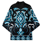 Blue Ngaru Taniko With Aotearoa Maori Tattoo Kimono - Aussie Hoodie