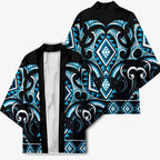 Blue Ngaru Taniko With Aotearoa Maori Tattoo Kimono - Aussie Hoodie