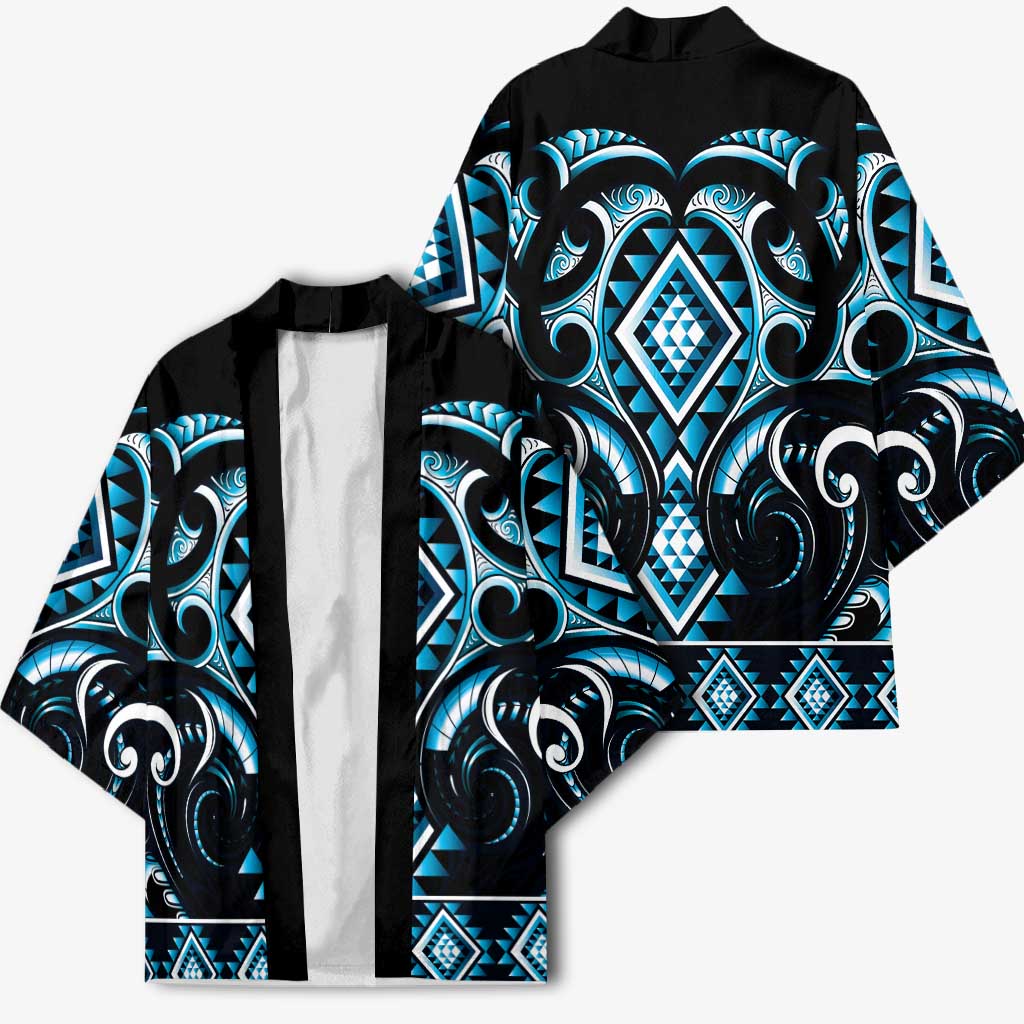 Blue Ngaru Taniko With Aotearoa Maori Tattoo Kimono - Aussie Hoodie