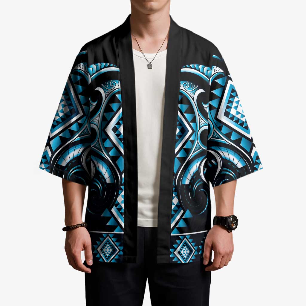 Blue Ngaru Taniko With Aotearoa Maori Tattoo Kimono - Aussie Hoodie