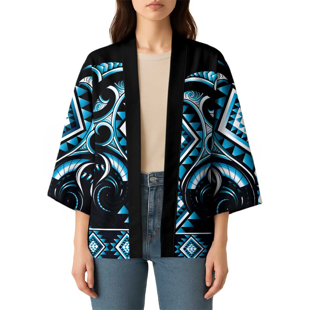 Blue Ngaru Taniko With Aotearoa Maori Tattoo Kimono - Aussie Hoodie